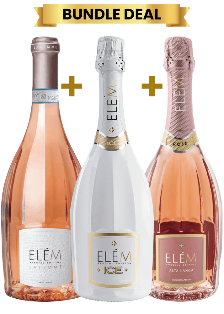 1 Btl Elem Special Edition La Femme Langhe Rosato 75Cl + 1 Btl Elem Special Edition Ice Vino Spumante Demi Sec 75Cl + 1 Btl Elem Special Edition Alta Langa Metodo Classico Rose 75Cl 2017