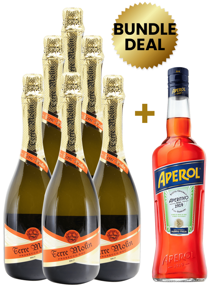 6 Btls Terre Molin Prosecco DOC Brut 75Cl Get 1 Btl Aperol Aperitivo 1L Free