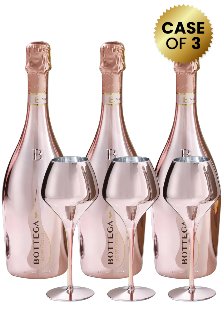 3 Bottles Bottega Pink Oro Rose Prosecco 75Cl With Magnifico Rose Gold Glass Promo