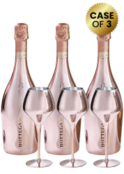3 Bottles Bottega Pink Oro Rose Prosecco 75Cl With Magnifico Rose Gold Glass Promo